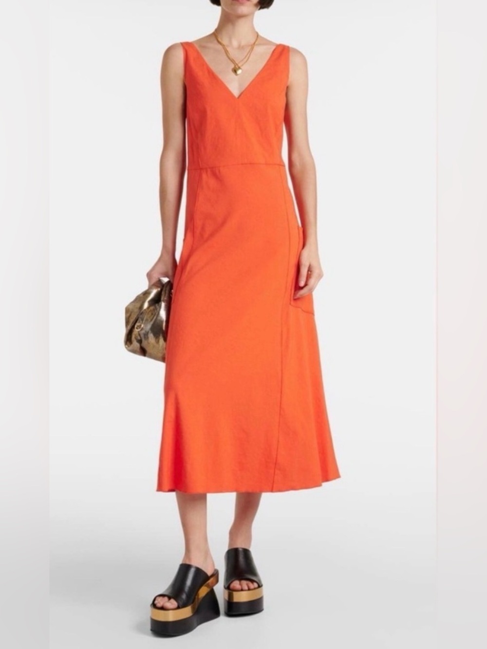 Vince Ruby Dusk Linen Blend V-Neck Patch Pocket Maxi Dress M (flaw)